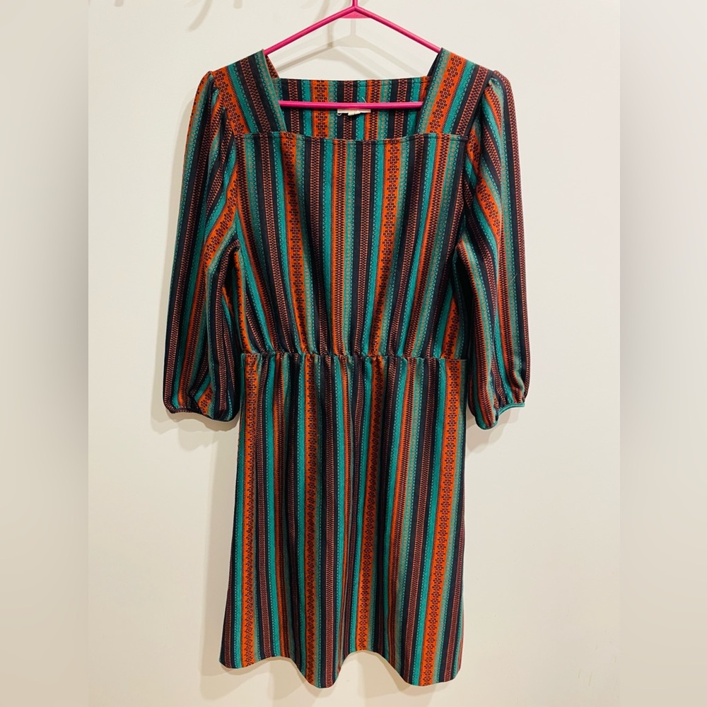 Striped Square-Neck Dress in Teal & Orange